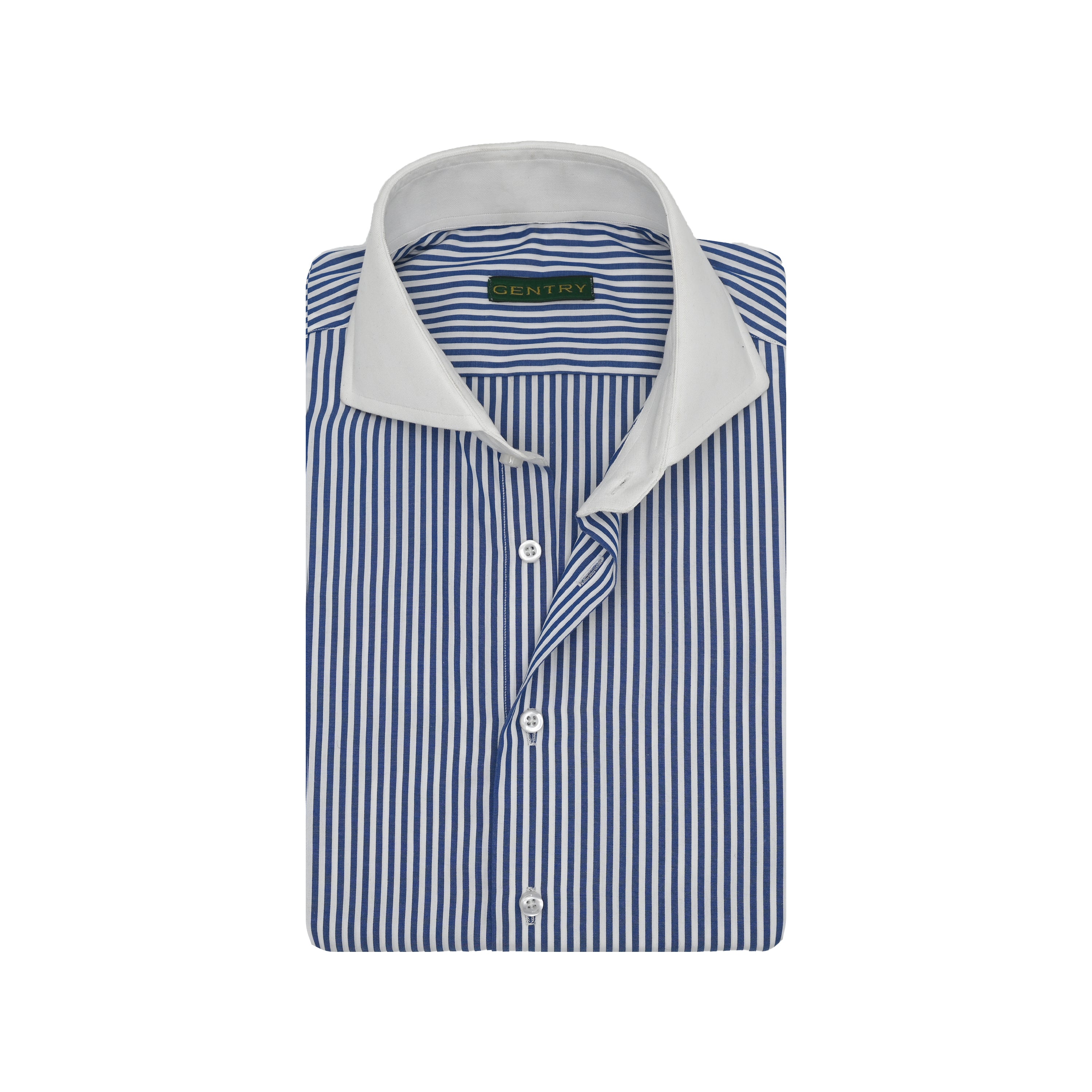 Blue Stripes - White Deep French Cut Collar