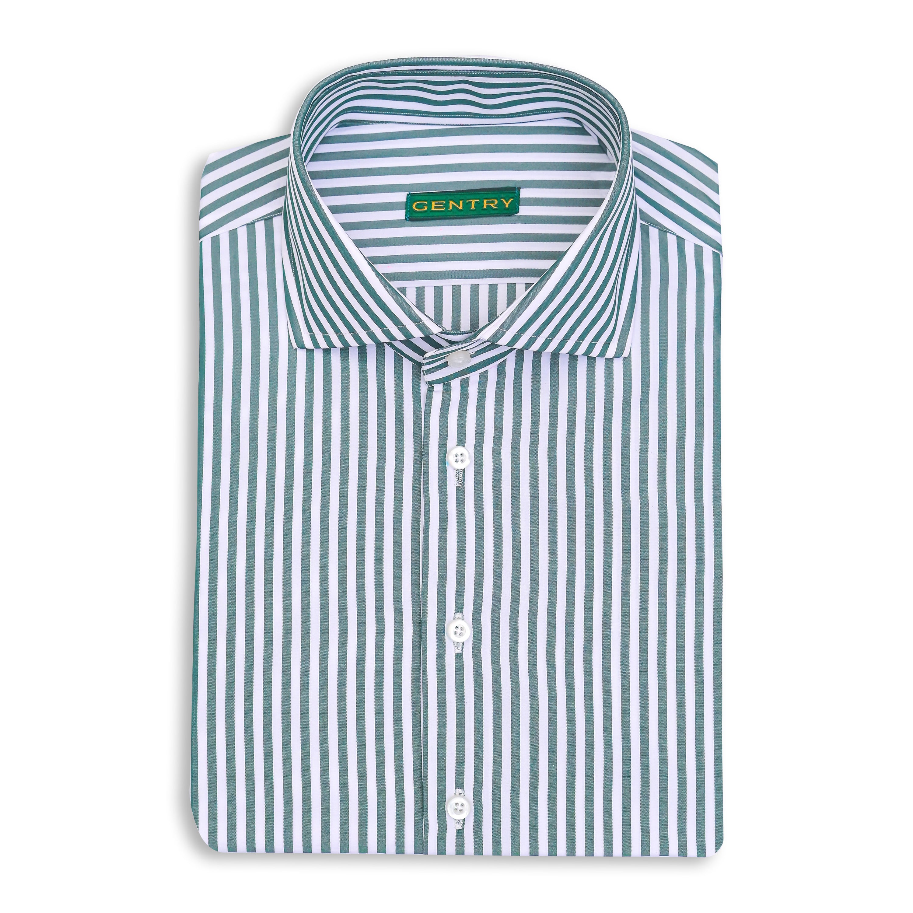 Green and White Stripes Cotton Poplin with Semi-Spread Collar