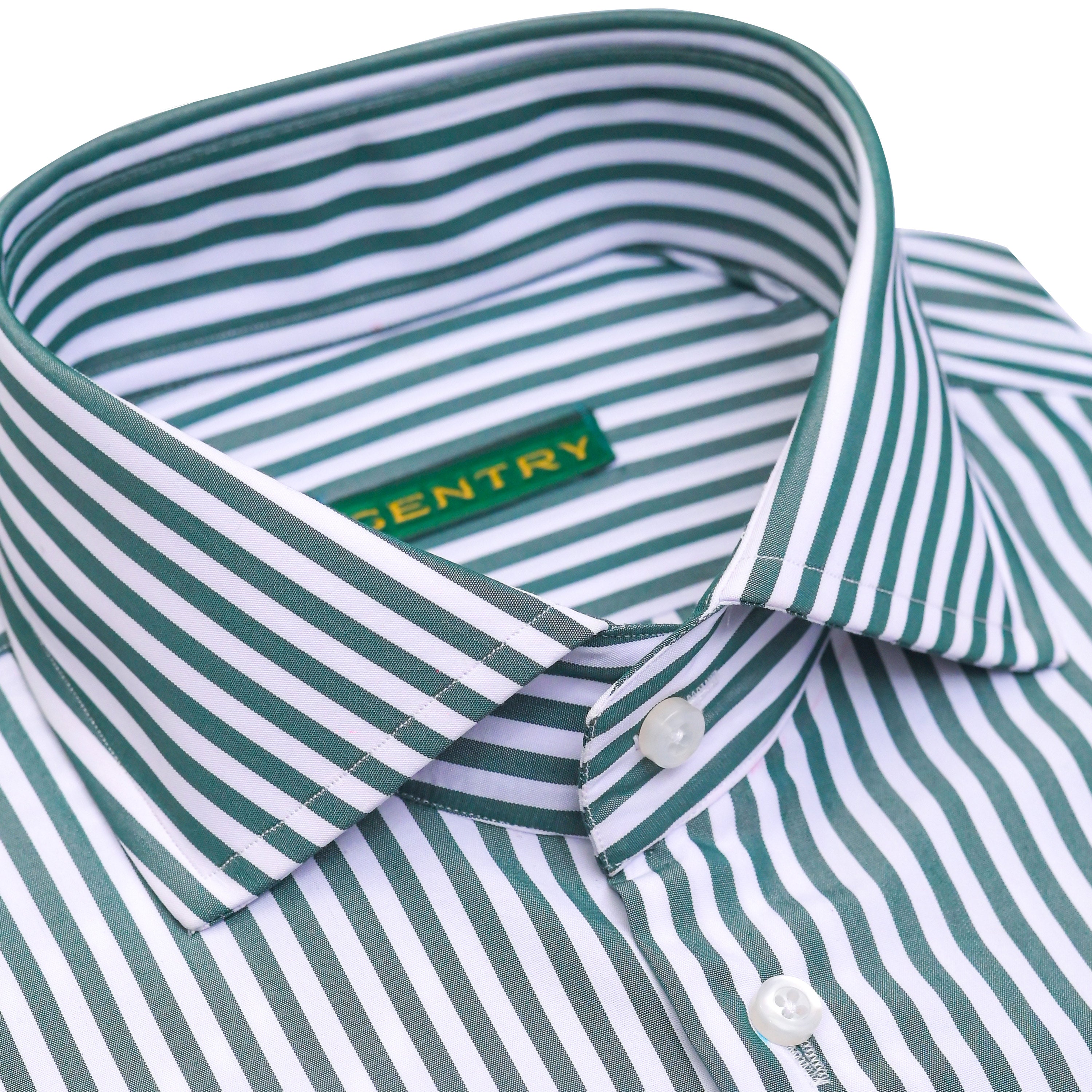 Green and White Stripes Cotton Poplin with Semi-Spread Collar