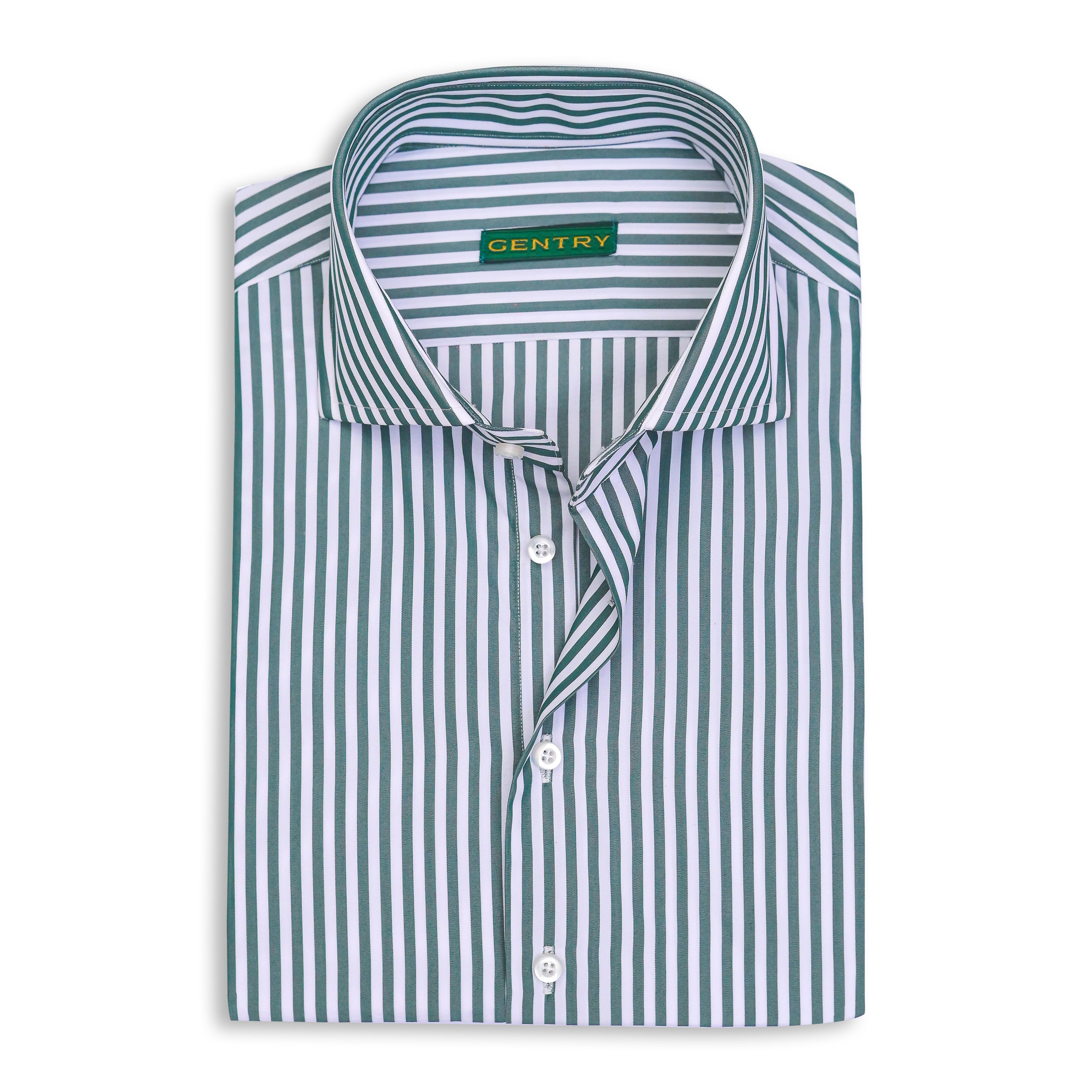 Green and White Stripes Cotton Poplin with Semi-Spread Collar
