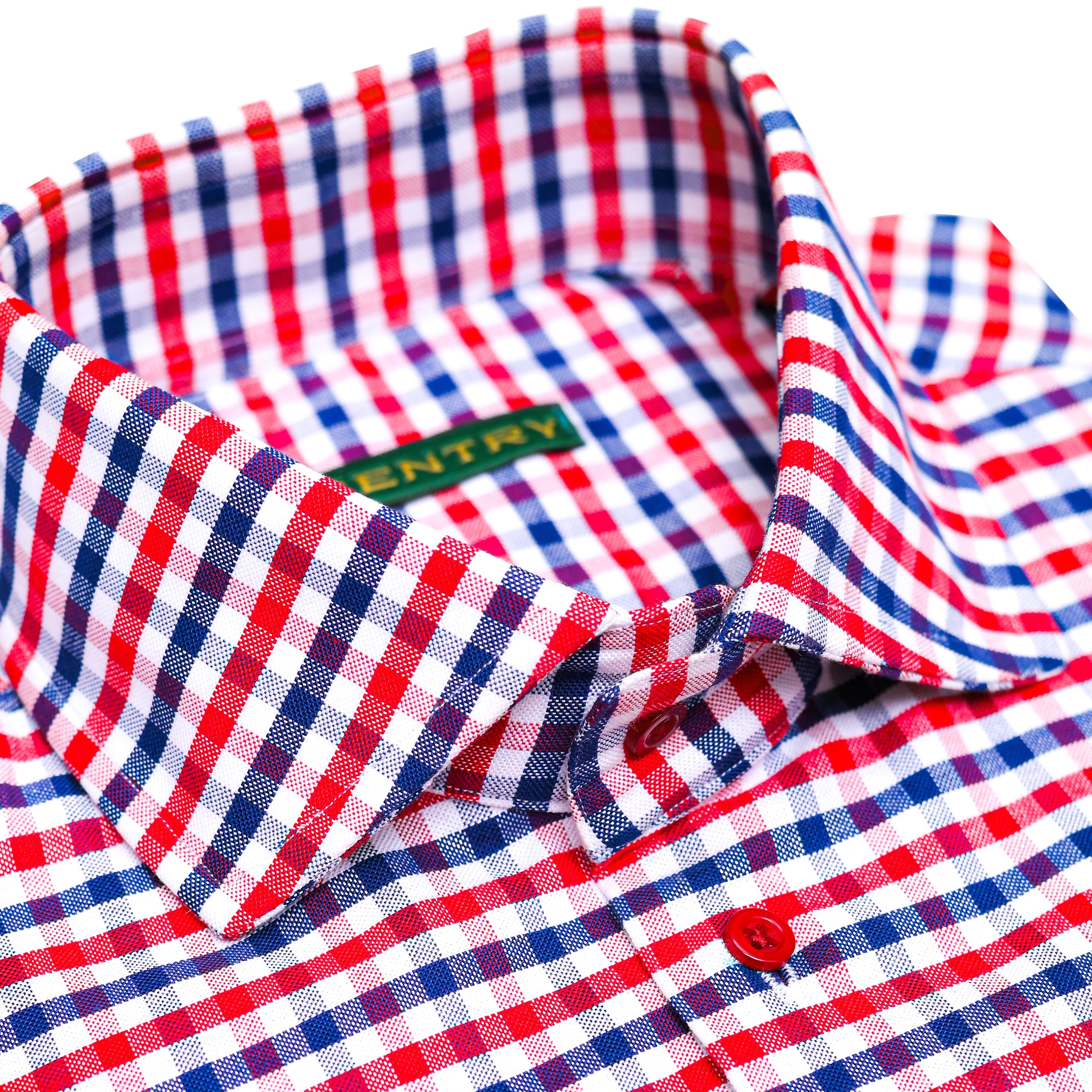 Red and Royal Gingham Checkered with Semi-Spread Collar