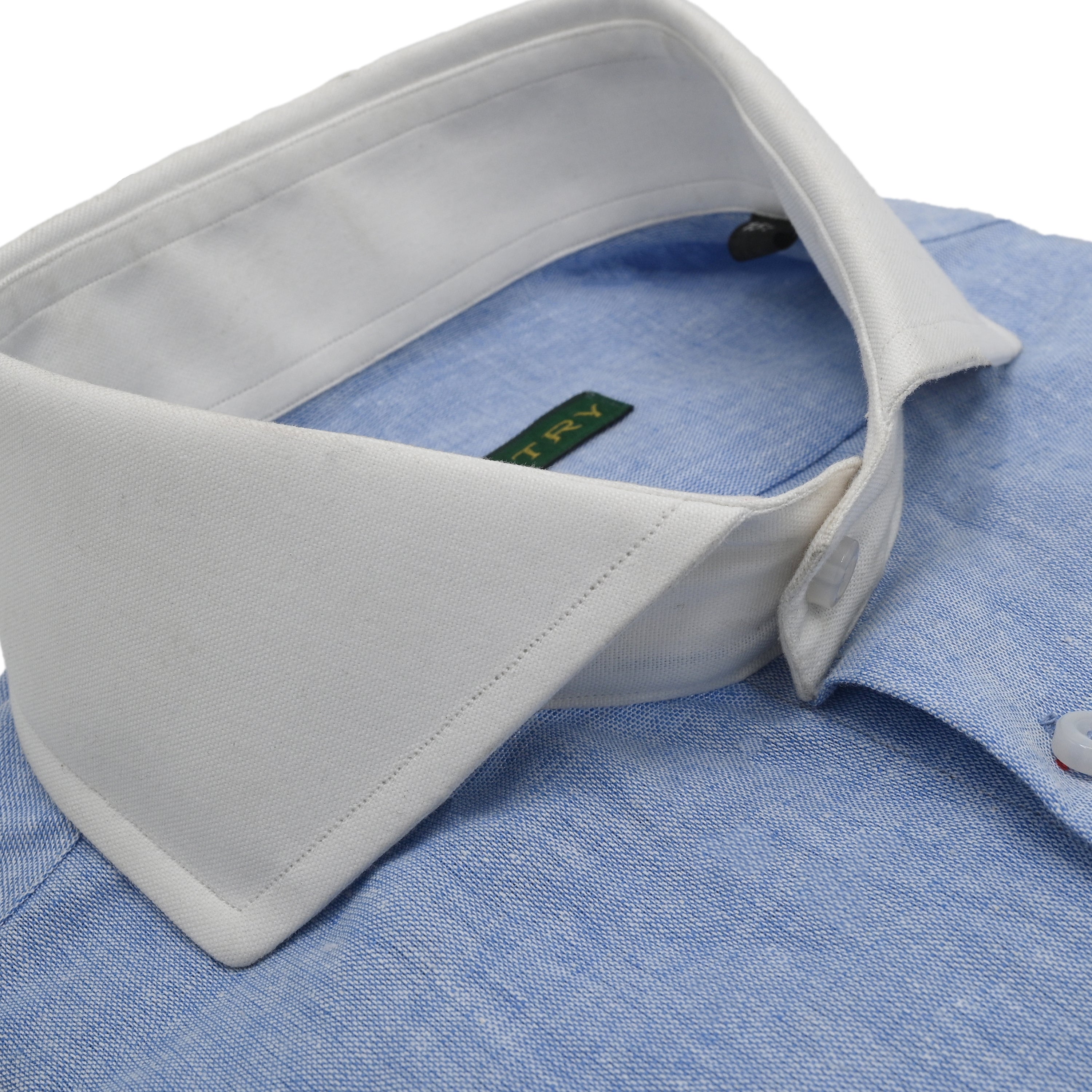 Powder Blue Irish Linen - White Deep French Cut Collar