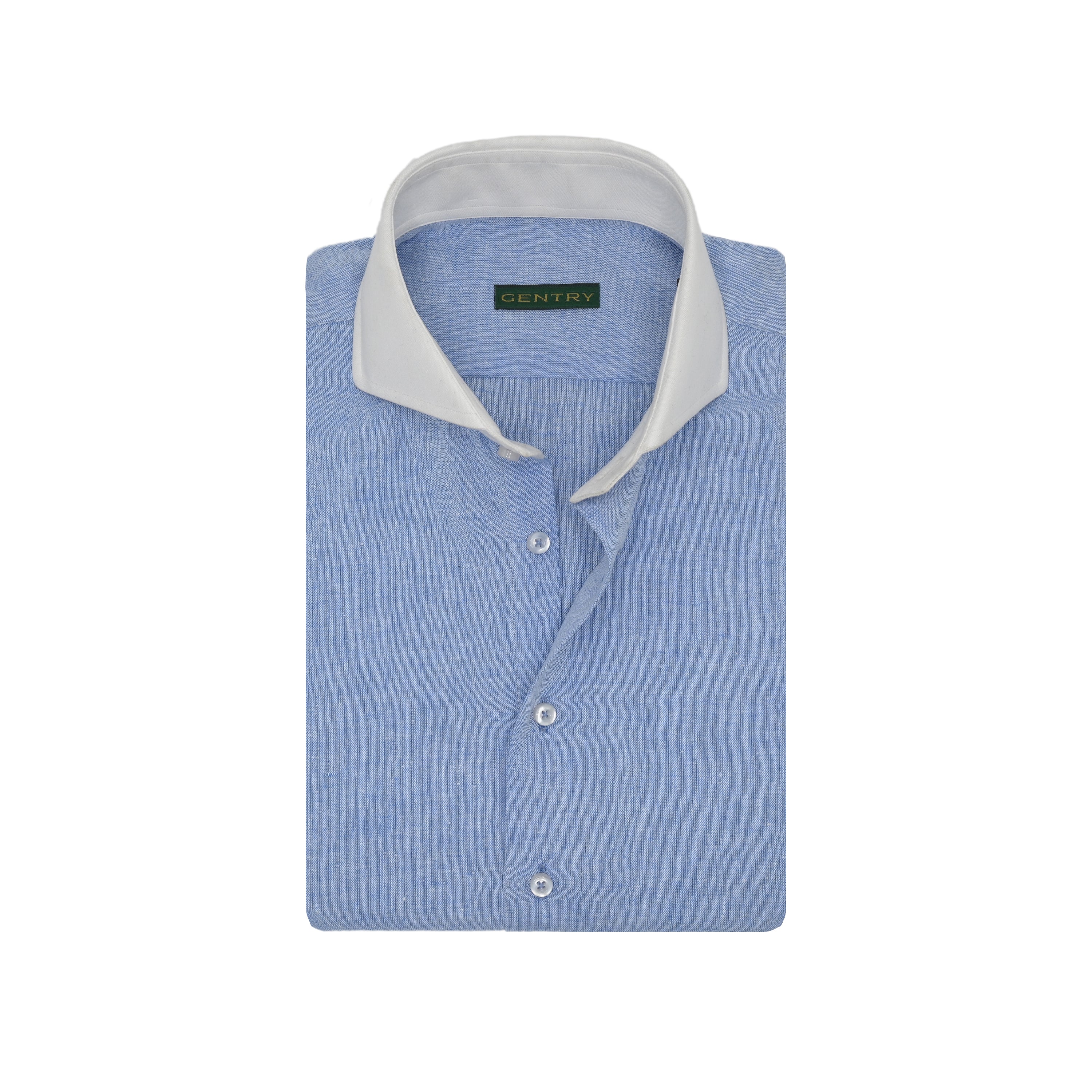 Powder Blue Irish Linen - White Deep French Cut Collar